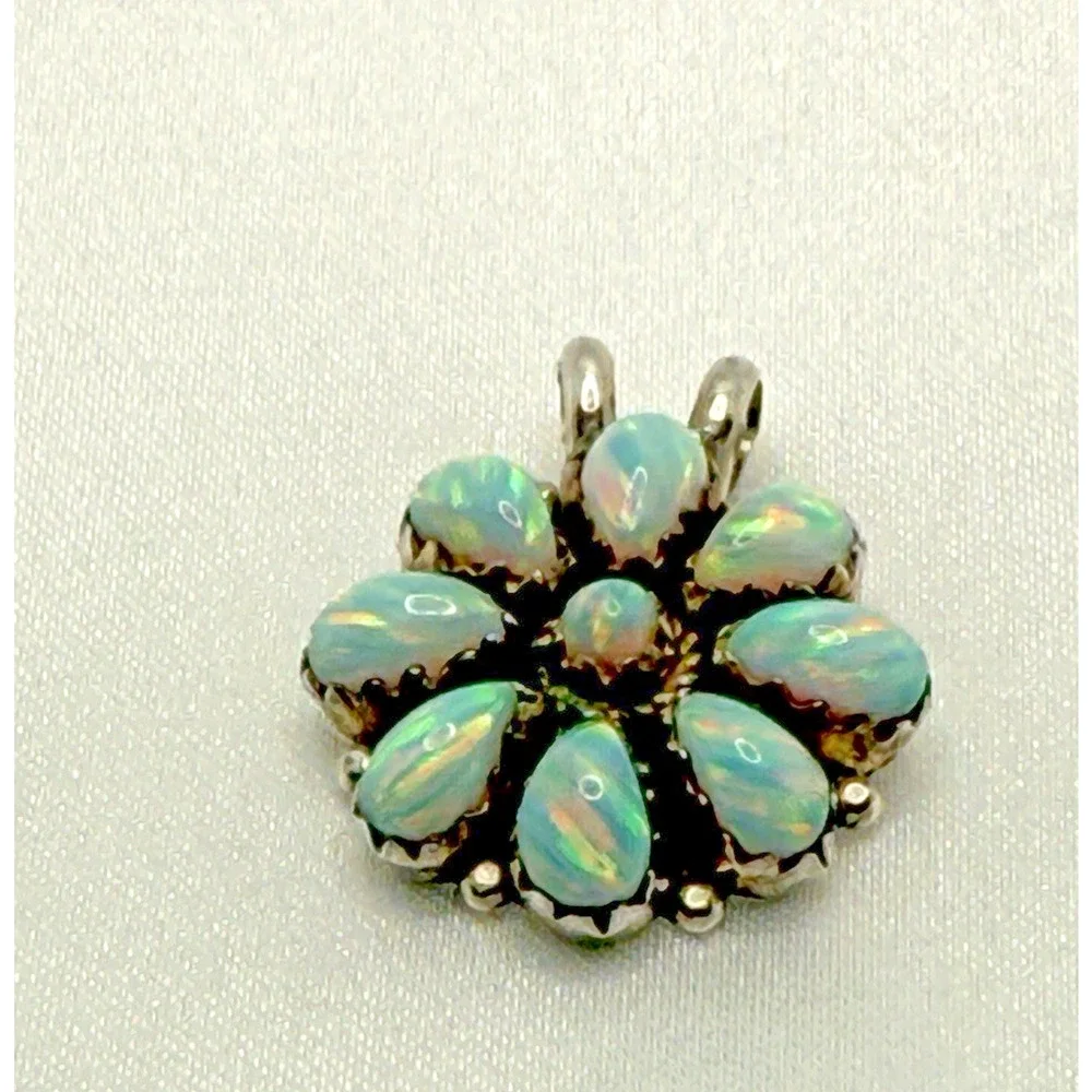 Vintage Zuni Eriacho Sterling Silver Opal Cluster Floral Pendant One of a Kind
